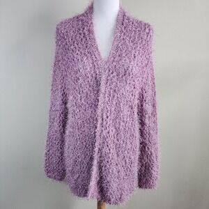 Amanda Green Eyelash Knit Cardigan Womens OS Purple Open Front Fuzzy Shaggy Cozy